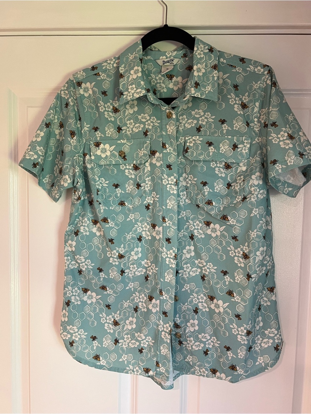 Short-Sleeve Floral & Bees Button-Up Duluth Shirt - Light Teal